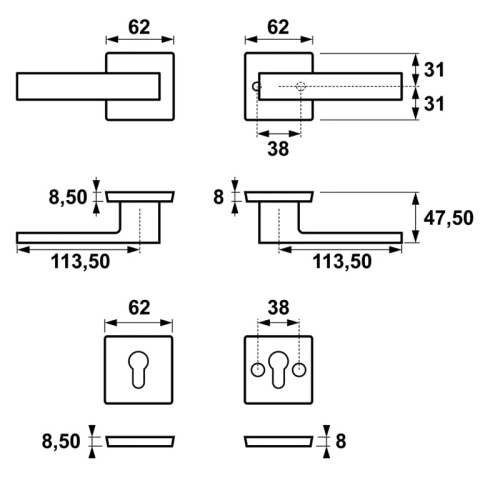 Klamko Klamka AXA Ceres Click + rozeta na wkładkę F6 inox