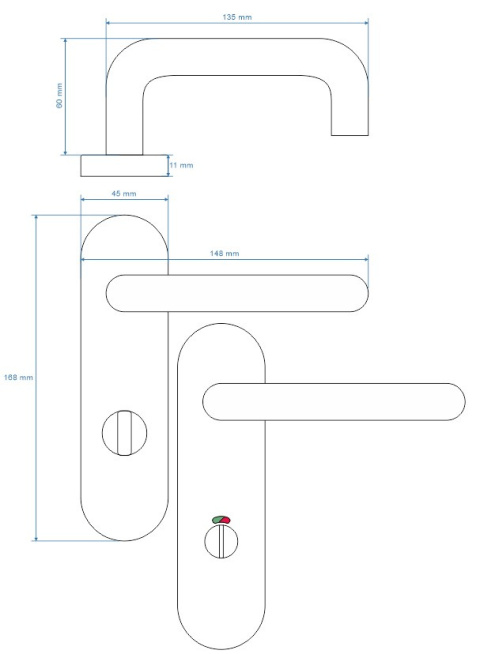 Klamka Olarix krótki stal nierdzewna długi szyld na wc rozstaw 72 mm VDS