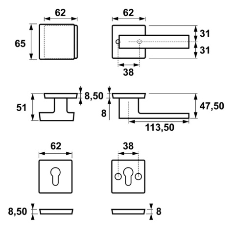 Klamko Gałka AXA Ceres Click + rozeta na wkładkę F6 inox