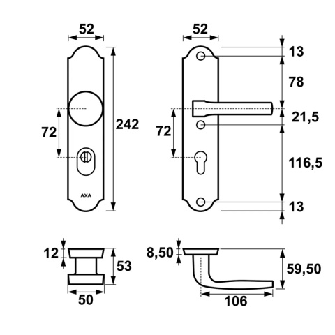 Klamko Gałka AXA Verona Flex ++ F8 czarna rozstaw 72 mm