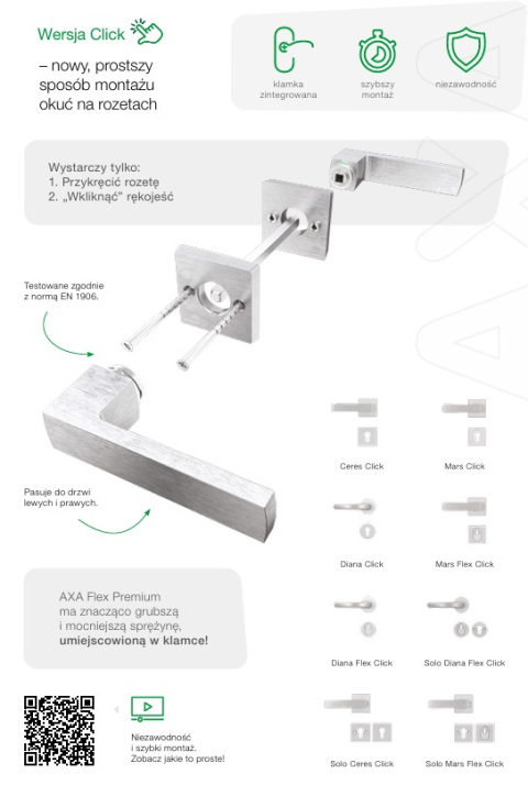 Klamko Gałka AXA Diana Flex Click + rozeta na wkładkę F6 inox