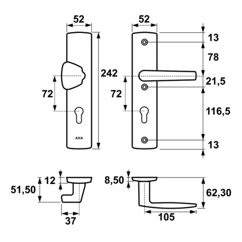Klamko Pochwyt AXA Diva ++ F6 inox rozstaw 72 mm