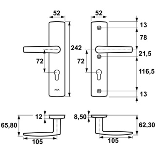 Klamko Klamka AXA Diva ++ F6 inox rozstaw 72 mm