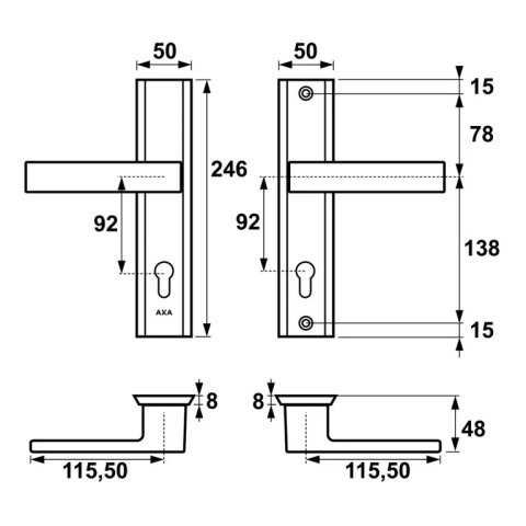 Klamko Klamka AXA Haga ++ F1 srebrna rozstaw 92 mm