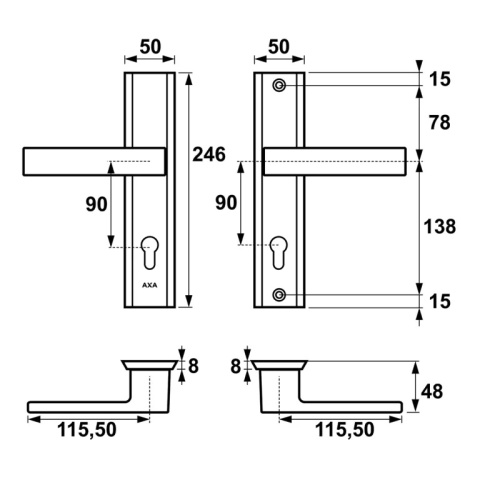 Klamko Klamka AXA Haga ++ F4 stare złoto rozstaw 90 mm