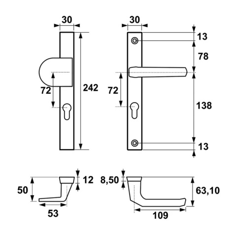 Klamko Pochwyt AXA Slim ++ F6 inox rozstaw 72 mm
