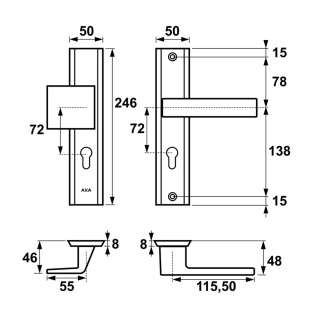 Klamko Pochwyt AXA Haga ++ F6 inox rozstaw 72 mm