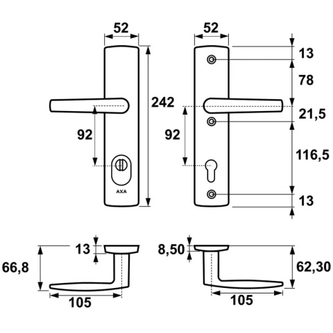 Klamko Klamka AXA Diva Flex ++ F4 stare złoto rozstaw 92 mm
