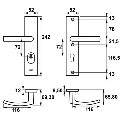 Klamko Klamka AXA Odin Flex ++ F6 inox rozstaw 72 mm