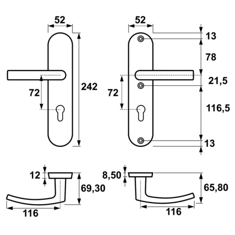 Klamko Klamka AXA Quebec ++ F6 inox rozstaw 72 mm