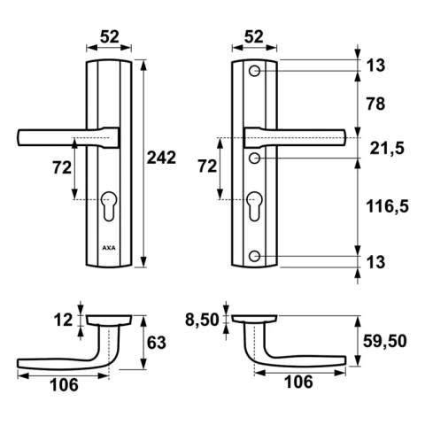Klamko Klamka AXA Prestige ++ F1 srebrna rozstaw 72 mm