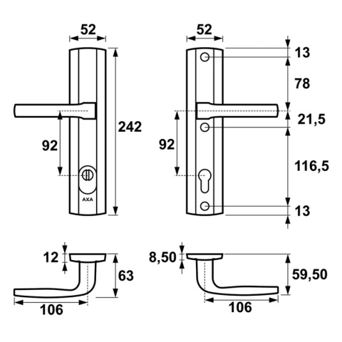 Klamko Klamka AXA Prestige Flex ++ F3 złota rozstaw 92 mm