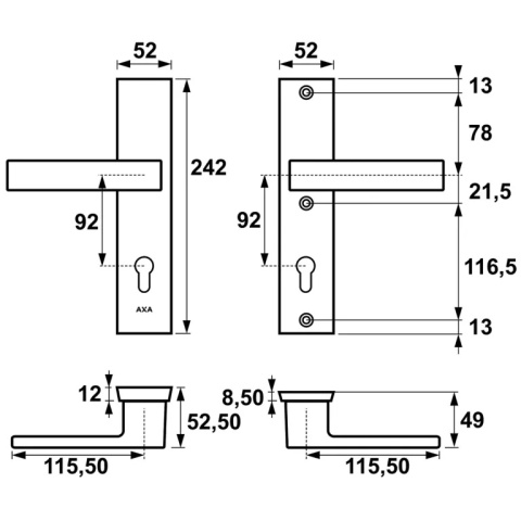 Klamko Klamka AXA Royal ++ F4 stare złoto rozstaw 92 mm