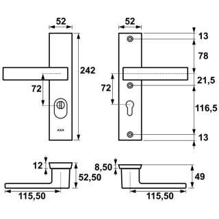 Klamko Klamka AXA Royal Flex ++ F1 srebrna rozstaw 72 mm