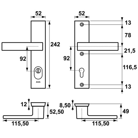 Klamko Klamka AXA Royal Flex ++ F6 inox rozstaw 92 mm