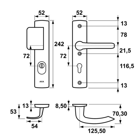 Klamko Pochwyt AXA Jupiter Flex Premium ++ F6 inox rozstaw 72 mm