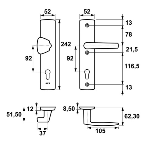 Klamko Pochwyt AXA Diva ++ F4 stare złoto rozstaw 92 mm