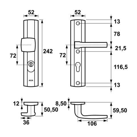Klamko Pochwyt AXA Prestige Flex ++ F9 tytan rozstaw 72 mm