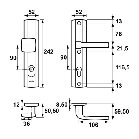 Klamko Pochwyt AXA Prestige Flex ++ F8 czarna rozstaw 90 mm