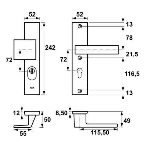 Klamko Pochwyt AXA Royal Flex ++ F8 czarna rozstaw 72 mm