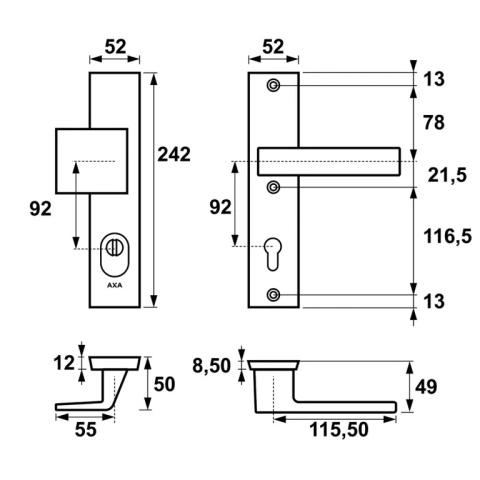 Klamko Pochwyt AXA Royal Flex ++ F8 czarna rozstaw 92 mm