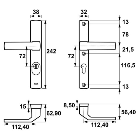 Klamko Klamka AXA Solid Flex Premium F6 inox rozstaw 72 mm