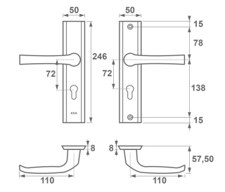 Klamko Klamka AXA Niagara ++ F6 inox rozstaw 72 mm