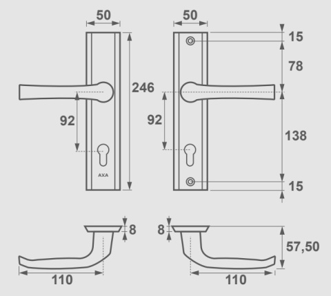 Klamko Klamka AXA Niagara ++ F6 inox rozstaw 92 mm