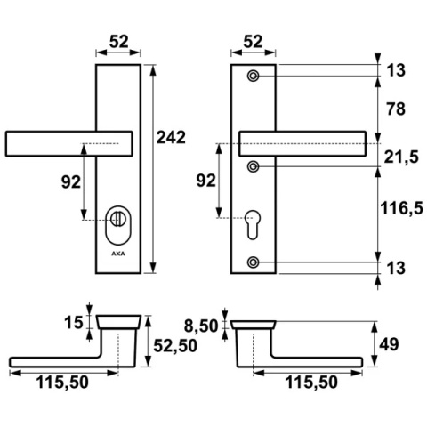 Klamko Klamka AXA Vermont Flex ++ F6 inox rozstaw 92 mm