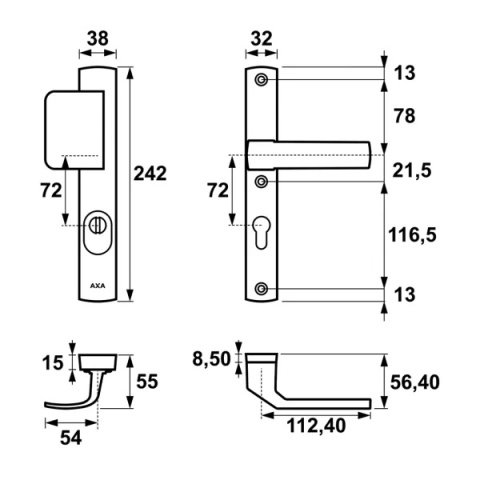 Klamko Pochwyt AXA Solid Flex Premium ++ F6 inox rozstaw 72 mm