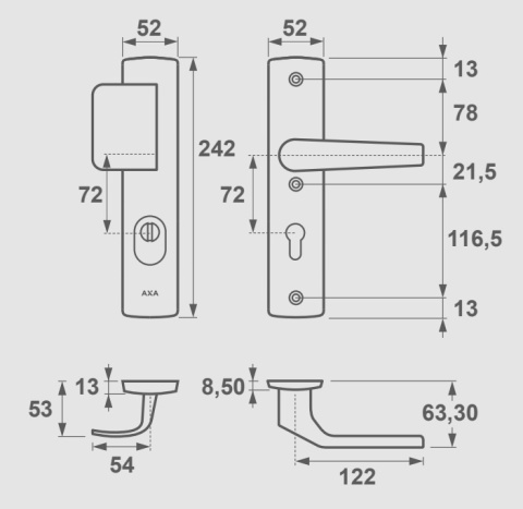 Klamko Pochwyt AXA Arrow Flex Premium ++ F6 inox rozstaw 72 mm